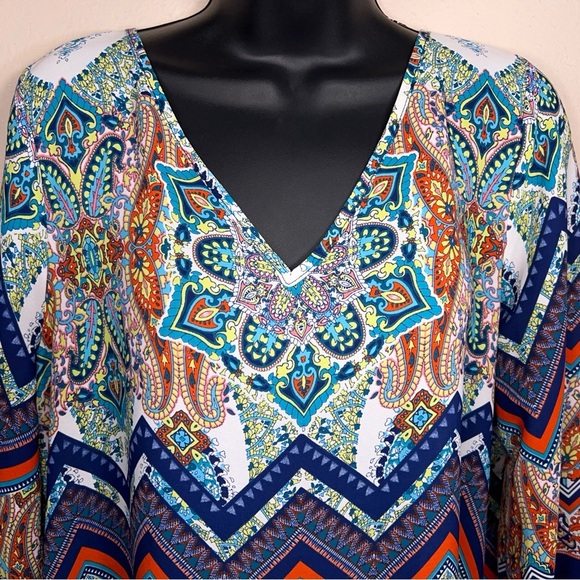 Large Renee C Colorful Boho Blouse Lightweight 3/4 Sleeve Vneck Boho Bohemian - Picture 9 of 12